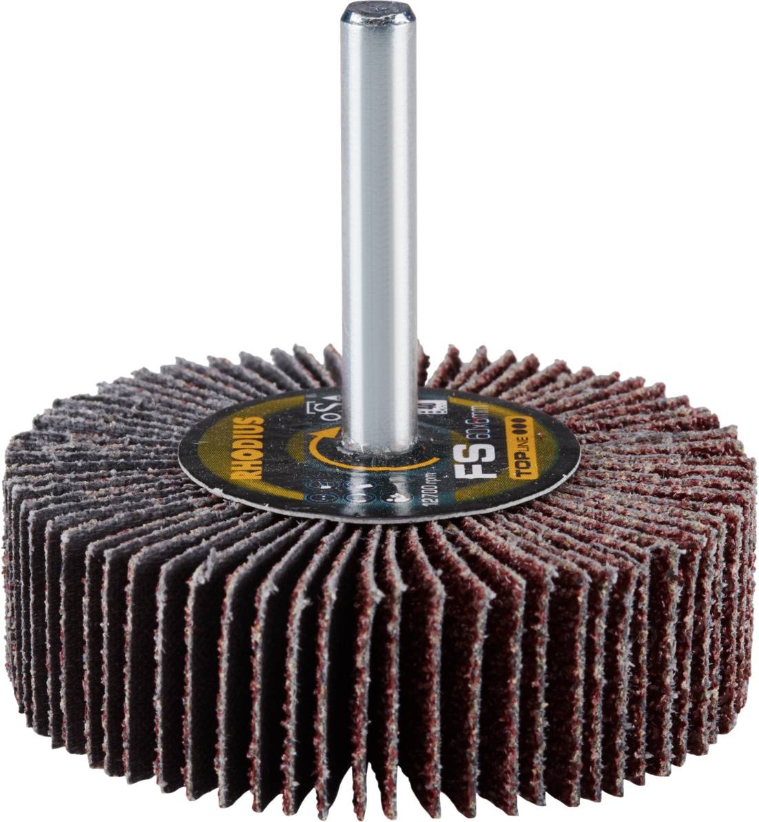 Tarcza szlifierska z metalowym trzpieniem, składająca się z kilku listew szlifierskich, odpowiednia do polerowania i szlifowania powierzchni metalowych.