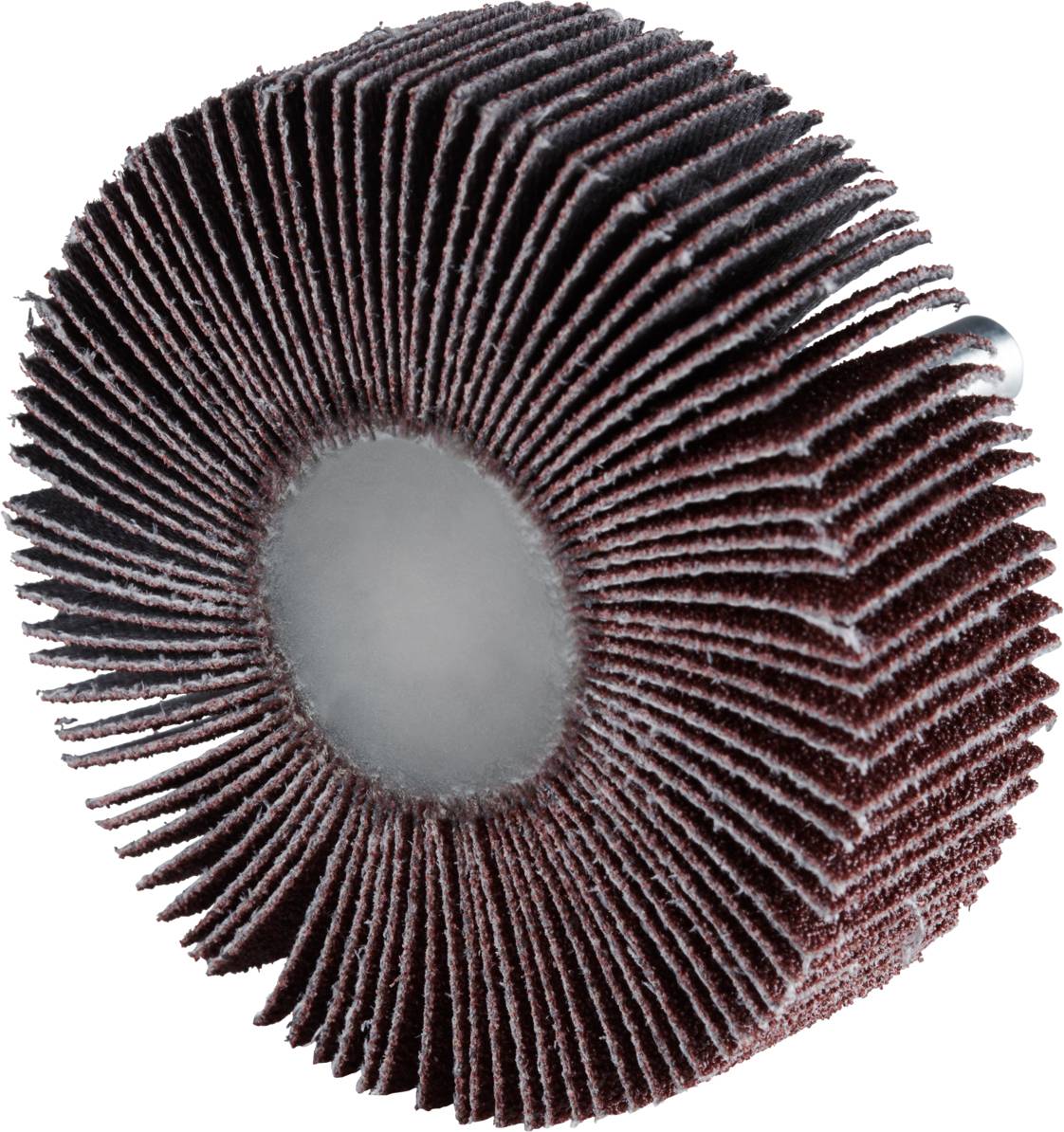 Tarcza szlifierska z wieloma zużytymi lamelami, zamocowana centralnie na metalowej osi, używana do obróbki powierzchni.