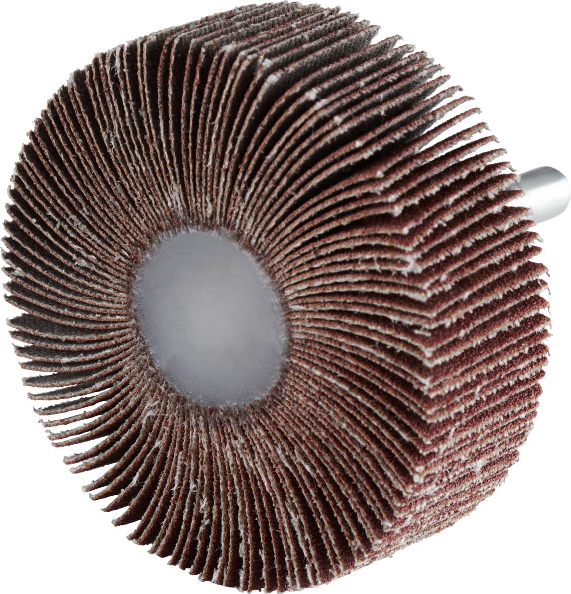 Tarcza lamelkowa do obróbki metalu w zbliżeniu, o kształcie cylindrycznym, z rozmieszczonymi promieniowo lamelkami z papieru ściernego.