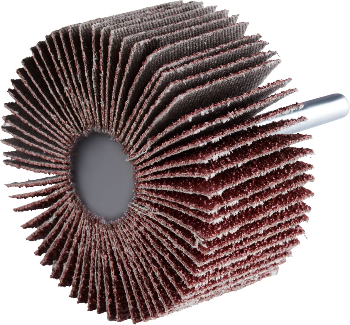 Rolka szlifierska z czerwonym papierem ściernym, o kształcie cylindrycznym, widziana z boku. Zamocowana na pręcie do użycia z wiertarkami.