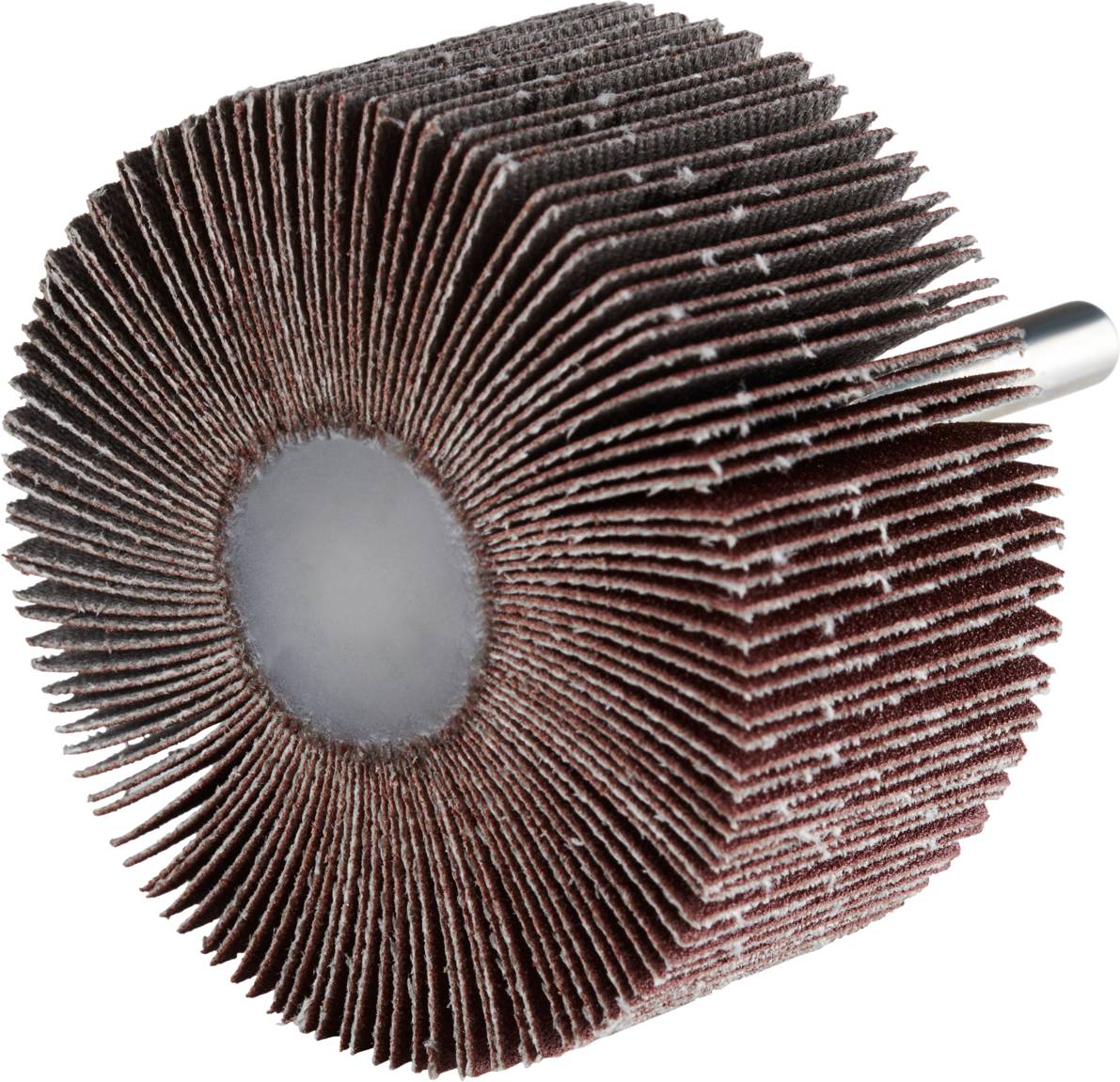 Mop szlifierski z promieniowymi listkami ściernymi i metalowym trzpieniem, do szlifowania powierzchni i krawędzi, ujęcie z bliska.