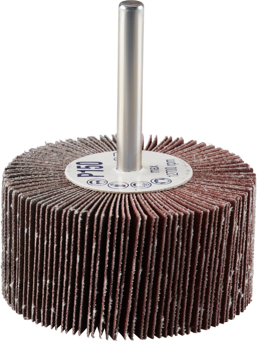 Okrągła nakładka szlifierska z promieniowo rozmieszczonymi tarczami szlifierskimi oraz centralnym prętem metalowym do zamocowania na maszynie.