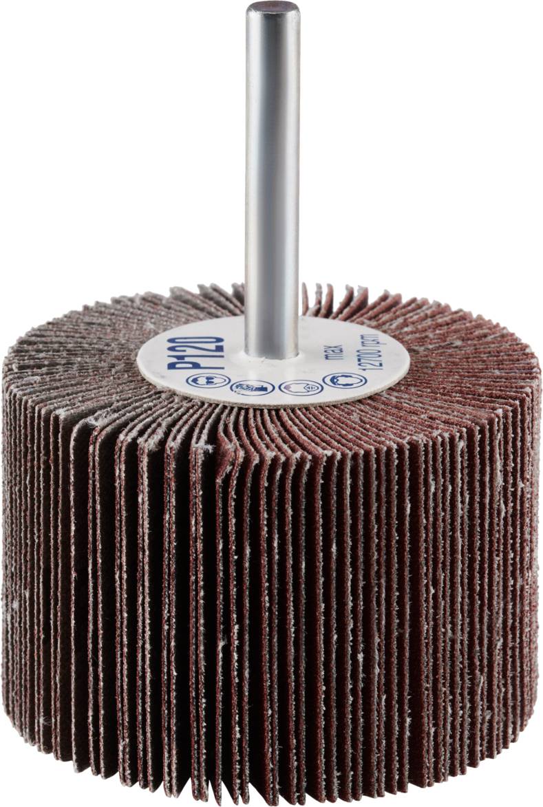 Tarcza szlifierska lamelkowa z wieloma lamelkami w kolorze rdzawobrązowym, zamontowana na metalowym pręcie, służąca do szlifowania powierzchni.