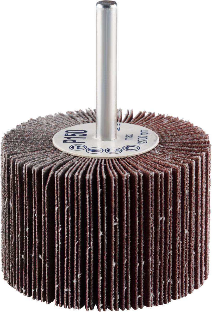Tarcza lamelkowa z prętem wykonanym z brązowego materiału ściernego, używana do obróbki powierzchni i polerowania metali w warsztatach.