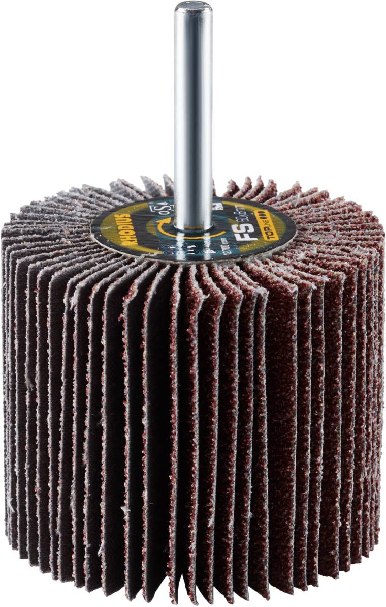 Narzędzie ścierne z czerwono-brązowymi lamelami i metalowym trzpieniem, stosowane do polerowania i szlifowania w rzemieślniczych lub przemysłowych zastosowaniach.