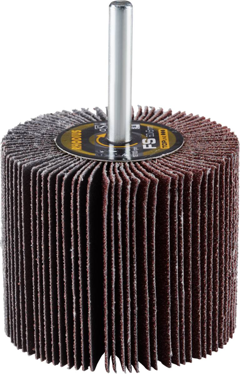 Tarcza szlifierska na trzpieniu, cylindryczna forma składająca się z kilku listków ściernych, odpowiednia do polerowania i szlifowania metali lub drewna.