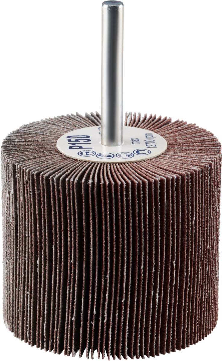 Narzędzie z lamelkami ściernymi, zakończone cylindryczną głowicą i metalowym prętem, stosowane do wygładzania lub polerowania powierzchni w ręcznie prowadzonych maszynach.