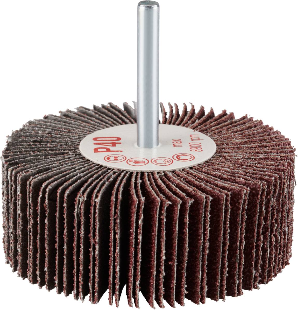 Mop szlifierski z trzonkiem i lamellami w kolorze rdzawobrązowym, oznaczony symbolem 'P40', przeznaczony do obróbki powierzchni.