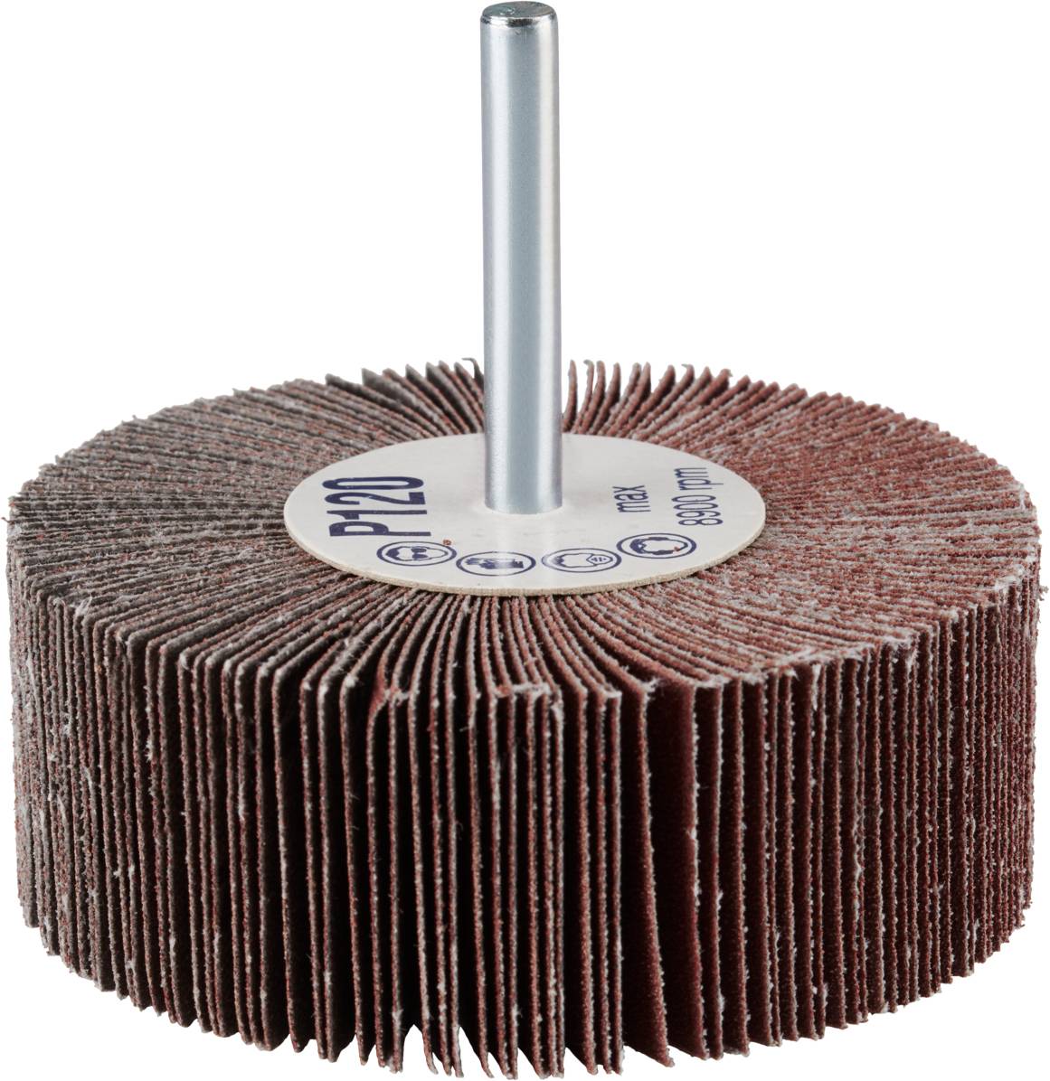 Okrągła tarcza szlifierska z włókniny z metalowym trzpieniem. Odpowiednia do maszyn wiertniczych do obróbki powierzchni, oznaczona jako 'P120'.