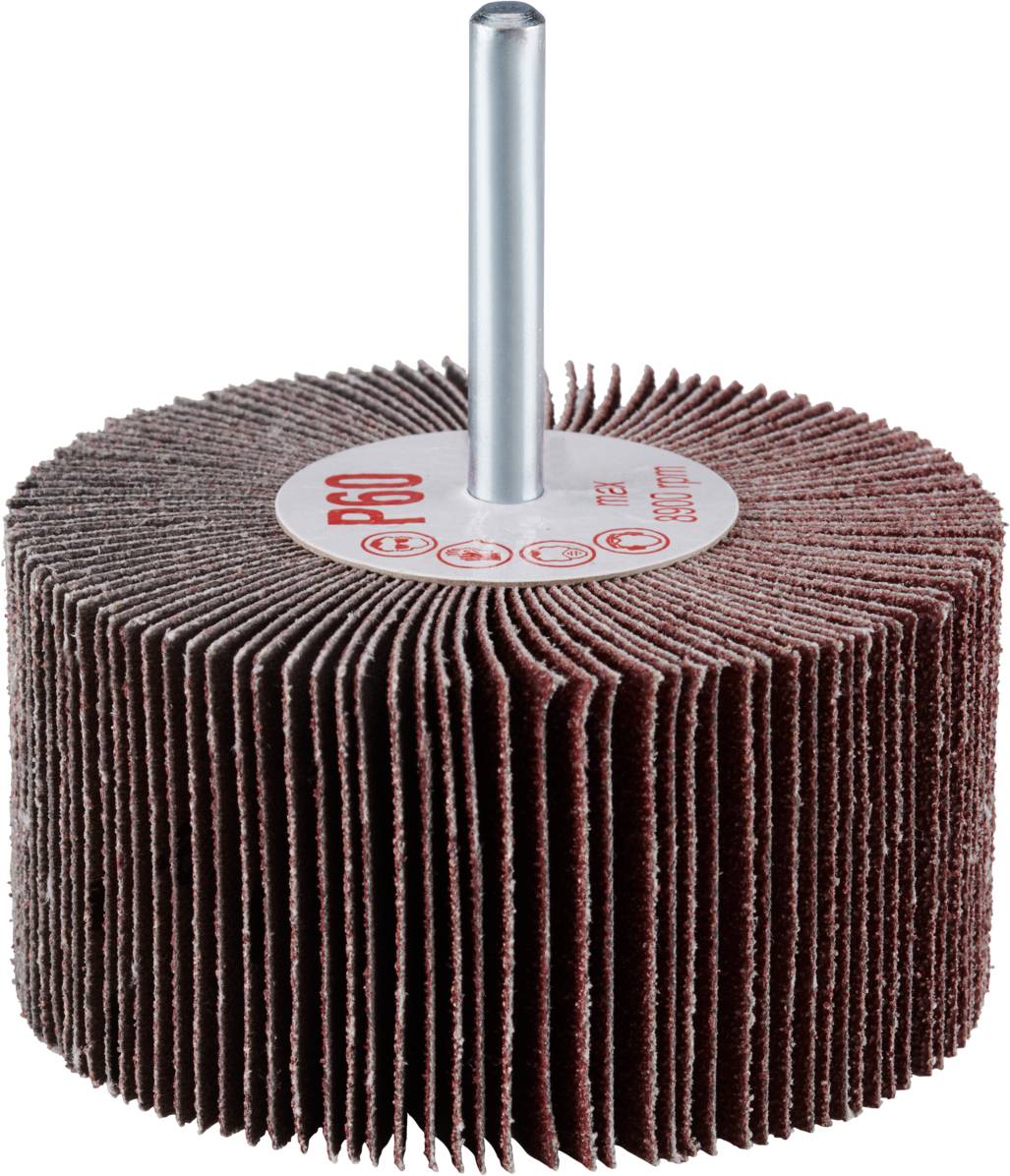 Mop ścierny z uchwytem pokazuje tarcze ścierne w formie wachlarza. Tekstura wykonana z materiału ściernego do szlifowania lub polerowania.