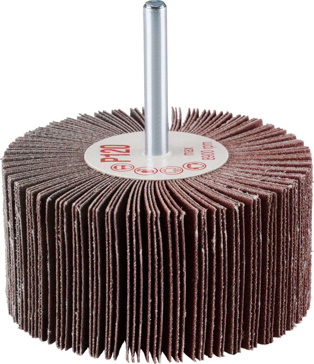 Tarcza szlifierska lamelkowa z mocowaniem trzpieniowym, równomiernie rozmieszczone lamele w kolorze czerwonobrązowym, przeznaczona do obróbki metali lub wykańczania powierzchni.