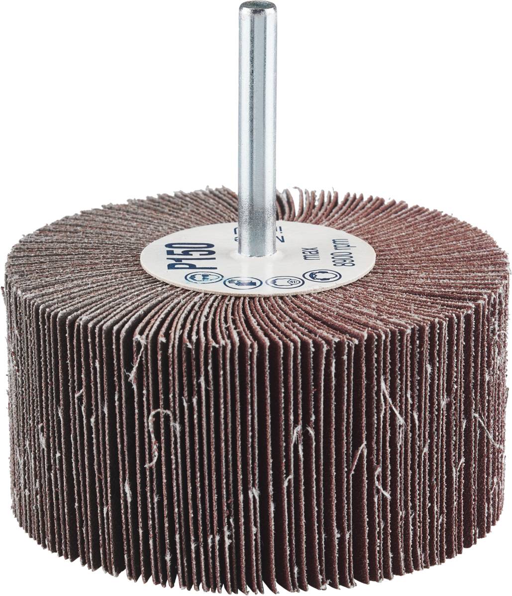 Koło szlifierskie z lamelkami ze sworzniem' przedstawia symetryczne obrotowo narzędzie z wieloma lamelkami szlifierskimi ułożonymi promieniowo, przeznaczone do obróbki powierzchni.