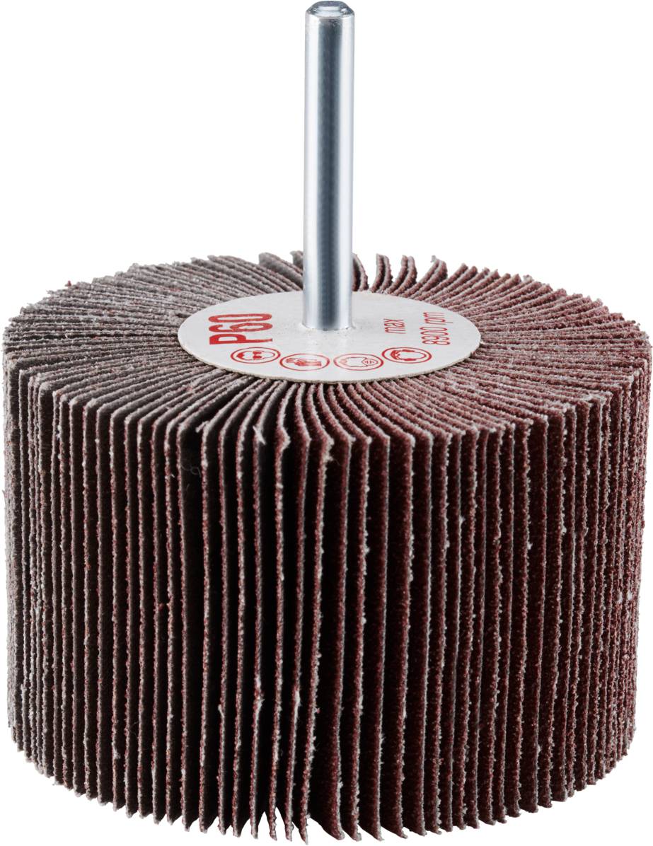 Cylindryczny element szlifierski z lamelami radialnymi, zamontowany na metalowym trzpieniu, przeznaczony do ręcznego szlifowania.