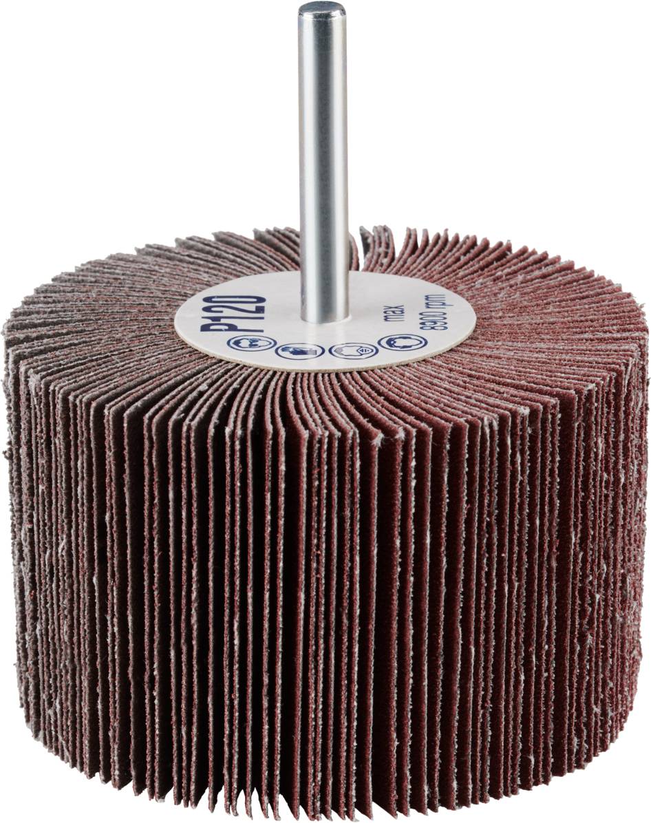 Mop szlifierski z promieniowo rozmieszczonymi listkami ściernymi i metalowym trzpieniem pośrodku, stosowany do obróbki powierzchni.