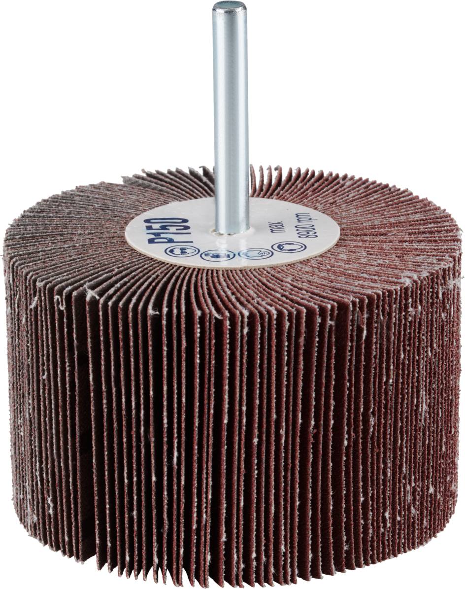 Mop szlifierski z uchwytem pośrodku, z okrągło rozmieszczonymi listkami szlifierskimi w kolorze rudobrązowym, używany do obróbki powierzchni.