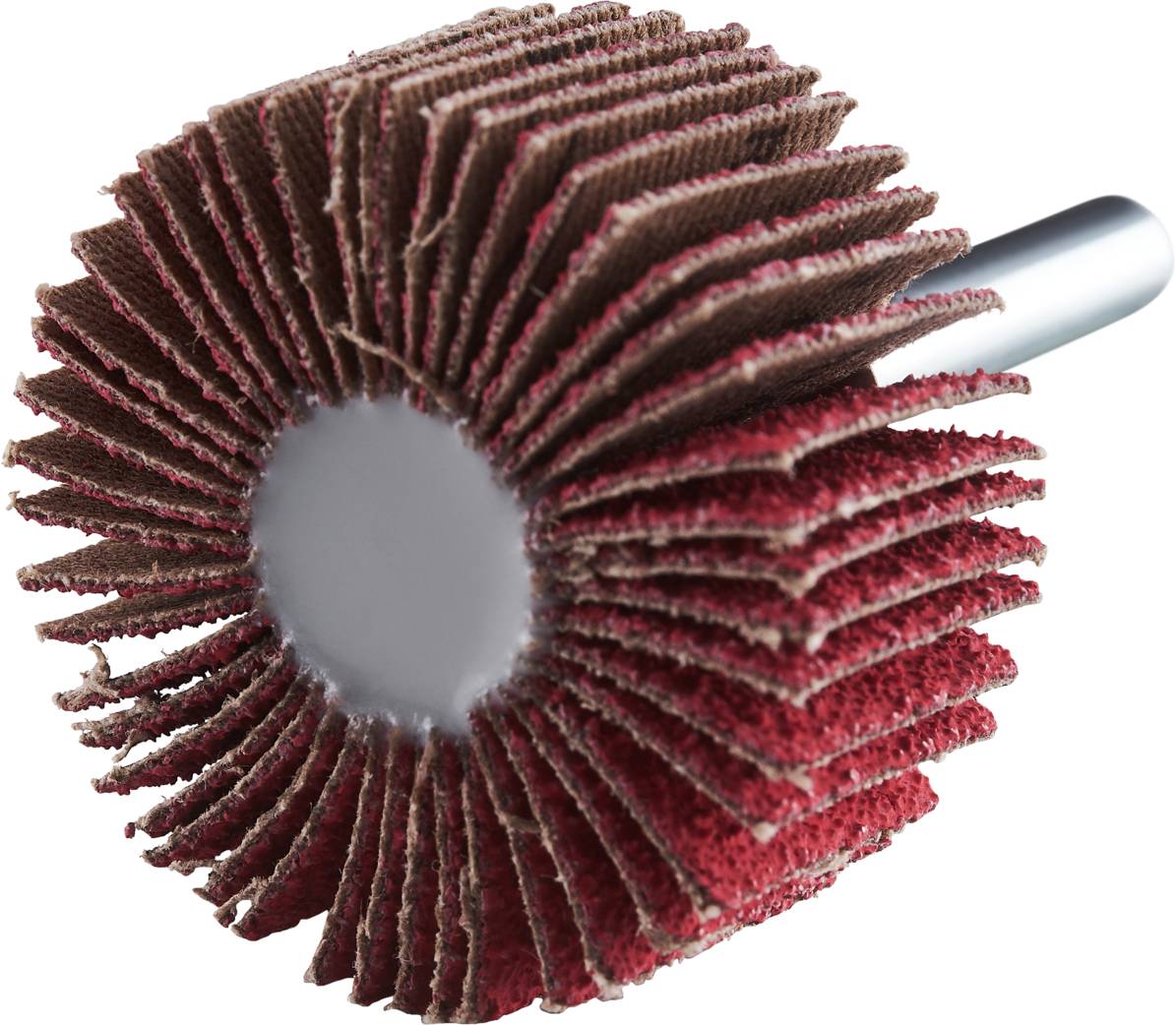 Czerwona tarcza szlifierska z wieloma lamelami i metalowym trzpieniem pośrodku, używana do wygładzania powierzchni.