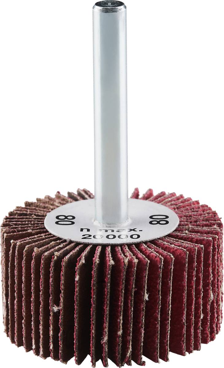 Narzędzie ścierne z strukturą lamelową i metalowym trzpieniem, odpowiednie do prac szlifierskich na powierzchniach metalowych, z napisem '20000'.