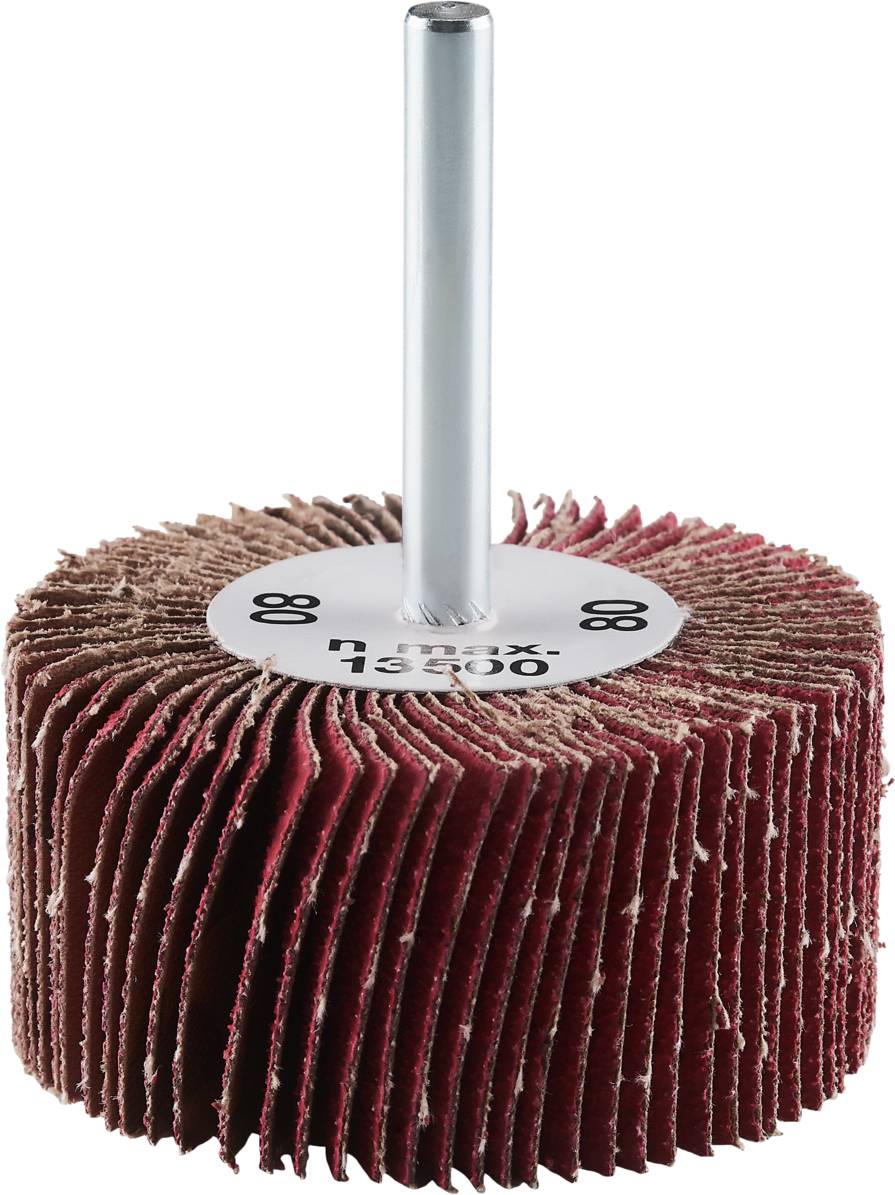 Okrągły mop szlifierski z promieniowo rozmieszczonymi listkami ściernymi oraz metalowym trzpieniem do zamocowania na maszynie.