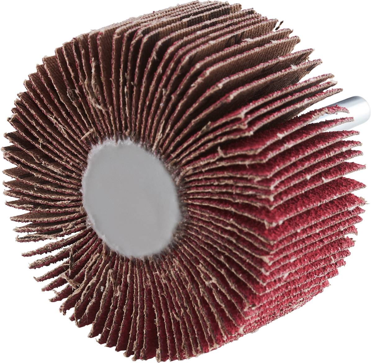 Okrągła nakładka szlifierska z czerwonymi, ułożonymi promieniście lamelkami, zamontowana na metalowym wrzecionie. Odpowiednia do obróbki powierzchni.