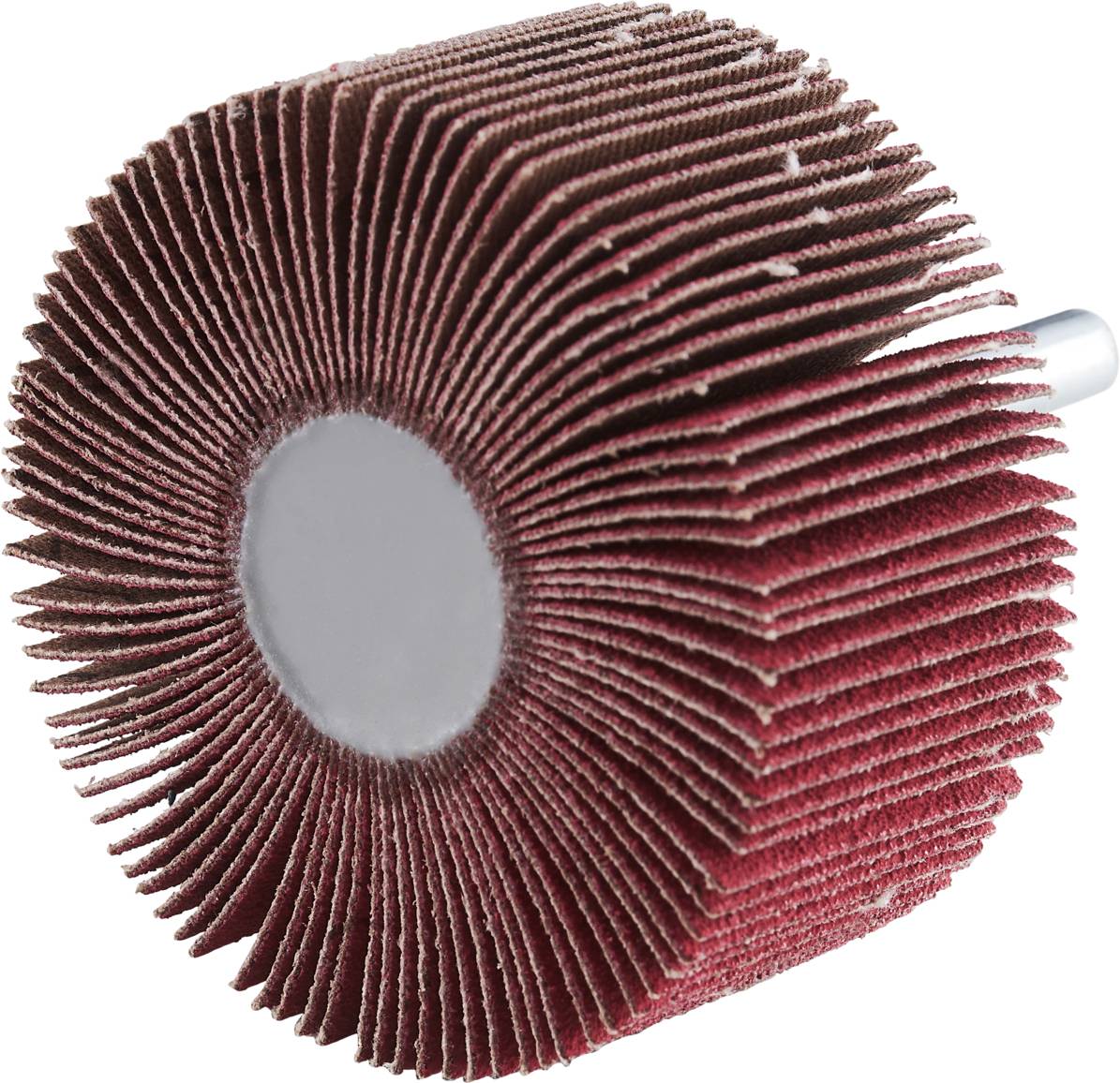 Tarcza lamelkowa z lamelkami w kolorze czerwonobrązowym, o kształcie cylindrycznym, odpowiednia do polerowania i szlifowania materiałów.