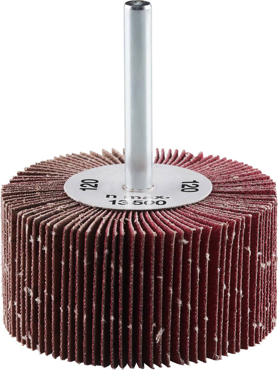 Tarcza lamelkowa z metalowym uchwytem i czerwonymi listkami ściernymi. Używana do szlifowania powierzchni metalowych lub drewnianych.