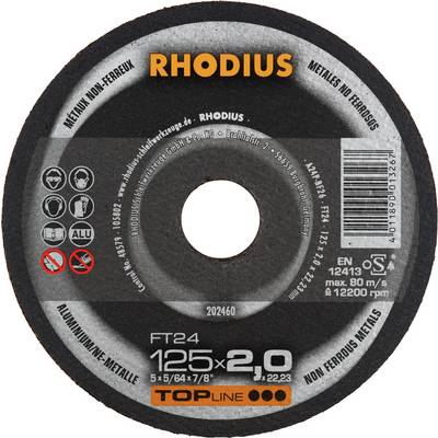 Tarcza tnąca 'RHODIUS' do metalu, średnica 125 mm, grubość 2,0 mm. Odpowiednia do aluminium i metali nieżelaznych. Maksymalna prędkość obrotowa: 12.200 obr./min.