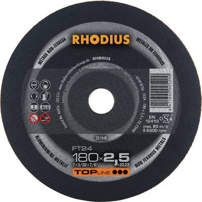 Tarcza szlifierska 'RHODIUS', czarna z białymi i żółtymi elementami, odpowiednia do metalu, maksymalnie 80 m/s, 8 600 obr./min, średnica 180 x 2,5 mm.