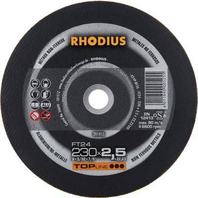 Tarcza szlifierska 'Rhodius' do metalu, 230 x 2,5 mm. Zawiera symbole informacyjne dotyczące bezpieczeństwa i materiału. Maksymalna prędkość obrotowa 80 m/s.