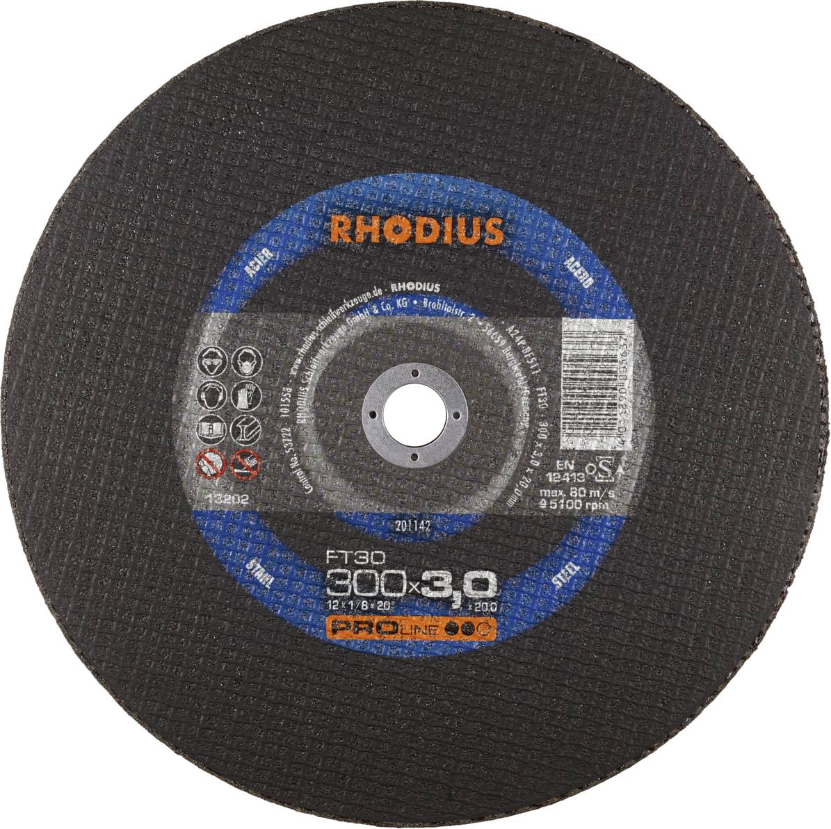 Tarcza ścierna marki 'Rhodius', model FT30, średnica 300 mm, grubość 3 mm, do cięcia metalu.