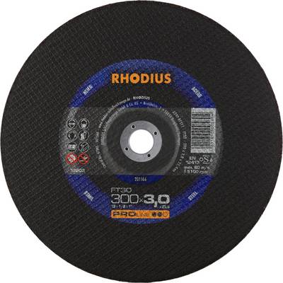 Tarcza tnąca 'RHODIUS FT30' z metalu, średnica 300 mm, grubość 3 mm, z informacjami o prędkości i bezpieczeństwie.