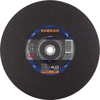 Tarcza szlifierska z napisem 'RHODIUS PRO LINE'. Średnica: 350 mm, grubość: 4 mm. Odpowiednia do zastosowań cięcia.