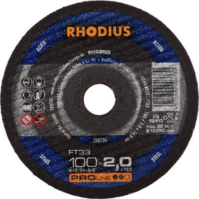 Tarcza szlifierska Rhodius, model FT33, średnica 100 mm, odpowiednia do stali, maksymalna prędkość obrotowa 15300 obr./min.