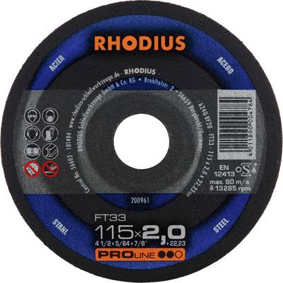 Tarcza szlifierska 'RHODIUS FT33', średnica 115 mm, grubość 2,0 mm, do stali. Zawiera informacje dotyczące norm i wytycznych bezpieczeństwa.