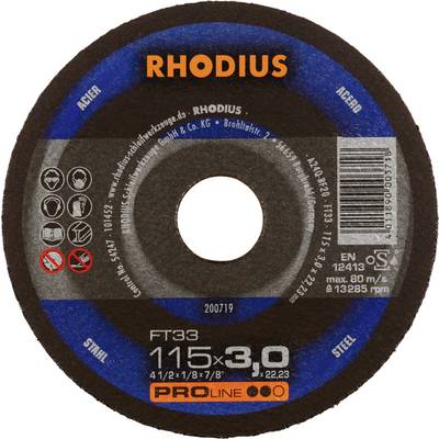 Tarcza szlifierska z napisem 'RHODIUS', średnica 115 mm, grubość 3 mm, do stali. Tekst i symbole specyfikacji technicznej.