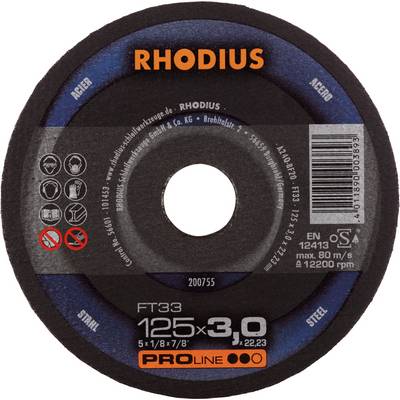 Tarcza szlifierska Rhodius z oznaczeniem '125x3,0'. Odpowiednia do stali, maksymalna prędkość 80 m/s, 12 200 obr./min.