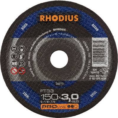 Tarcza ścierna marki 'RHODIUS', o średnicy 150 mm, grubości 3 mm, odpowiednia do obróbki stali. Zawiera symbole bezpieczeństwa i specyfikacje techniczne.