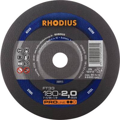 'RHODIUS' tarcza szlifierska do stali. Rozmiar: 180x2,0 mm. Maksymalnie 80 m/s przy 8500 obr./min. Symbole informacyjne na krawędzi.