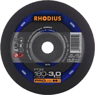 Tarcza szlifierska 'RHODIUS' do stali i stali nierdzewnej, średnica 180 mm, grubość 3 mm. Maksymalnie 80 m/s, 8500 obr./min, certyfikat EN 12413.