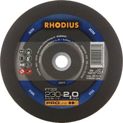 Tarcza szlifierska z napisem 'RHODIUS', średnica 230 mm, grubość 2,0 mm, do stali i stali nierdzewnej, maks. 80 m/s, EN 12413.