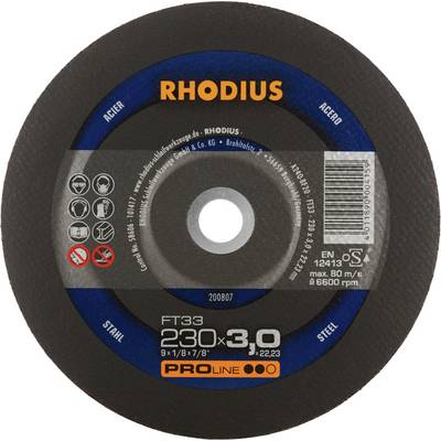 Tarcza tnąca 'RHODIUS', 230 x 3,0 mm, do stali i stali nierdzewnej. Zawiera piktogramy z informacjami bezpieczeństwa i technicznymi.