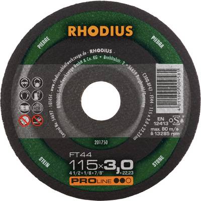 'RHODIUS' Tarcza ścierna do kamienia, średnica 115 mm, grubość 3 mm, maks. 80 m/s, seria PRO LINE, model FT44, etykieta produktu i znaki bezpieczeństwa widoczne.