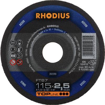 Tarcza ścierna 'RHODIUS Topline', średnica 115 mm, grubość 2,5 mm, odpowiednia do stali, maksymalna prędkość 80 m/s przy 13.285 obr./min.