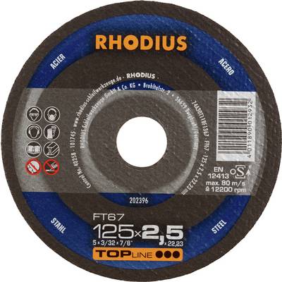 'Tarcza ścierna i rozcinająca RHODIUS, model FT67, średnica 125 mm, grubość 2,5 mm, odpowiednia do stali, maksymalna prędkość 12200 obr./min.'