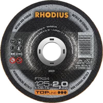 Tarcza szlifierska z napisem 'RHODIUS', średnica 125 mm, grubość 2,0 mm, odpowiednia do obróbki metalu.