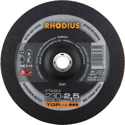 Tarcza tnąca do metali firmy Rhodius, średnica 230 mm, grubość 2,5 mm. Odpowiednia do metali nieżelaznych, maks. 6600 obr./min.