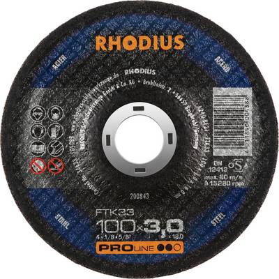 Tarcza tnąca Rhodius, 100x3,0 mm, do obróbki metalu. Zawiera symbole informujące o przepisach bezpieczeństwa i wytycznych użytkowania.
