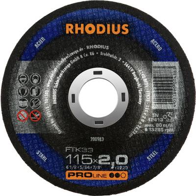 Tarcza tnąca 'RHODIUS' z niebieskim i czarnym oznakowaniem. Średnica: 115 mm, grubość: 2,0 mm, nadająca się do metalu.