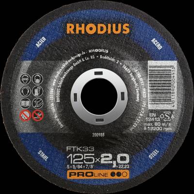 Tarcza tnąca 'RHODIUS' do stali. Średnica 125x1,0 mm. Maksymalna prędkość obrotowa 12.200 obr./min. Zawiera symbole instrukcji bezpieczeństwa.