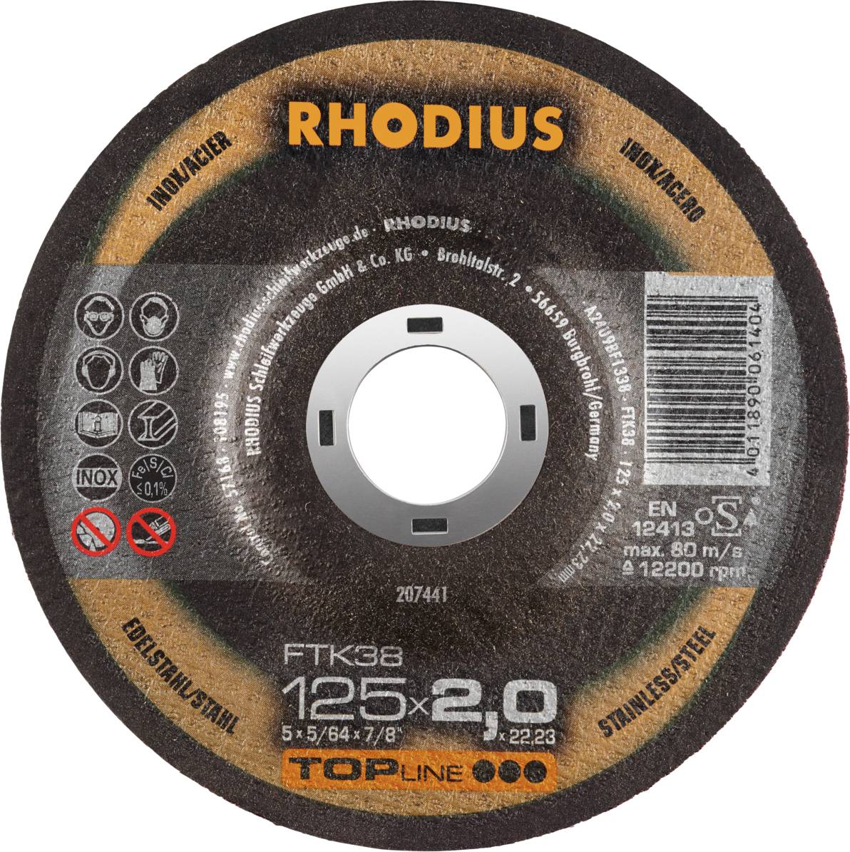 Tarcza ścierna 'Rhodius' do stali nierdzewnej, średnica 125 mm, grubość 2,0 mm. Maksymalna prędkość obrotowa 12.200 obr./min, norma EN 12413.