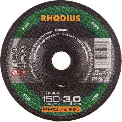 Tarcza szlifierska 'RHODIUS' do kamienia, średnica 150 mm, grubość 3 mm. Nazwa marki i znak bezpieczeństwa nadrukowane.